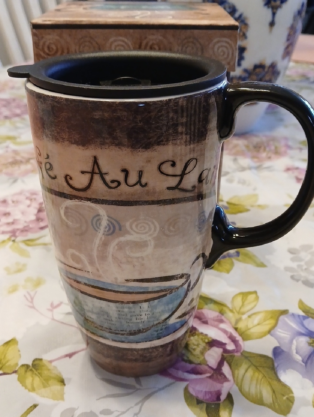Travel Mug with Coffee Cup Design - Brown & Blue